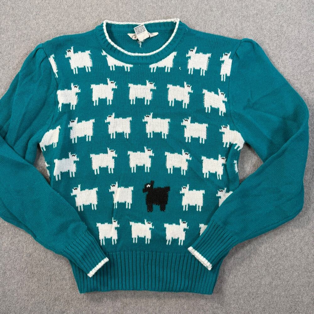 E.V. Ltd. Vintage Girls Large Teal Sheep Pattern Sweater Puff Sleeve Knit Whimsy